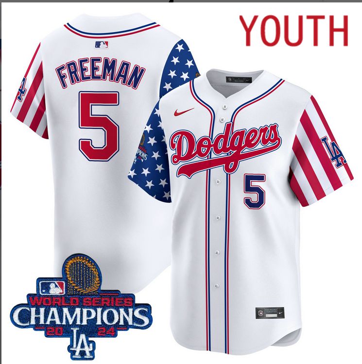 Youth  MLB Los Angeles Dodgers #5 Freeman American Style white 2024 World Series Champions  Limited Jersey